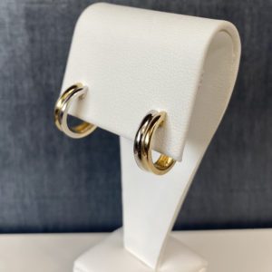 Two Tone Double Hoop White and Yellow 14k Gold Huggies
