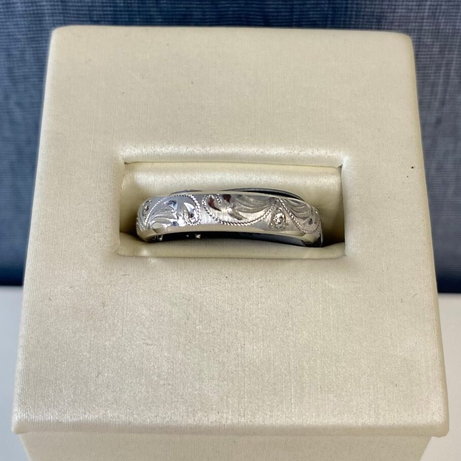 White Gold Diamond Wedding Band With Floral Detail