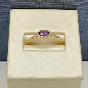 Bezel Set Amethyst Center with Diamonds in Yellow Gold