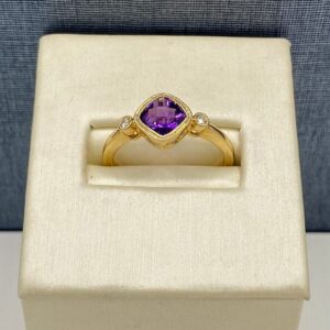 Three Stone Amethyst and Diamond in Yellow Gold