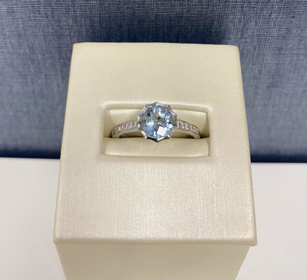 Decagon Bezel Set Aquamarine Ring With Diamonds in 14k White Gold