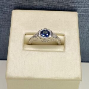 Blue Sapphire Art Deco Ring in White Gold