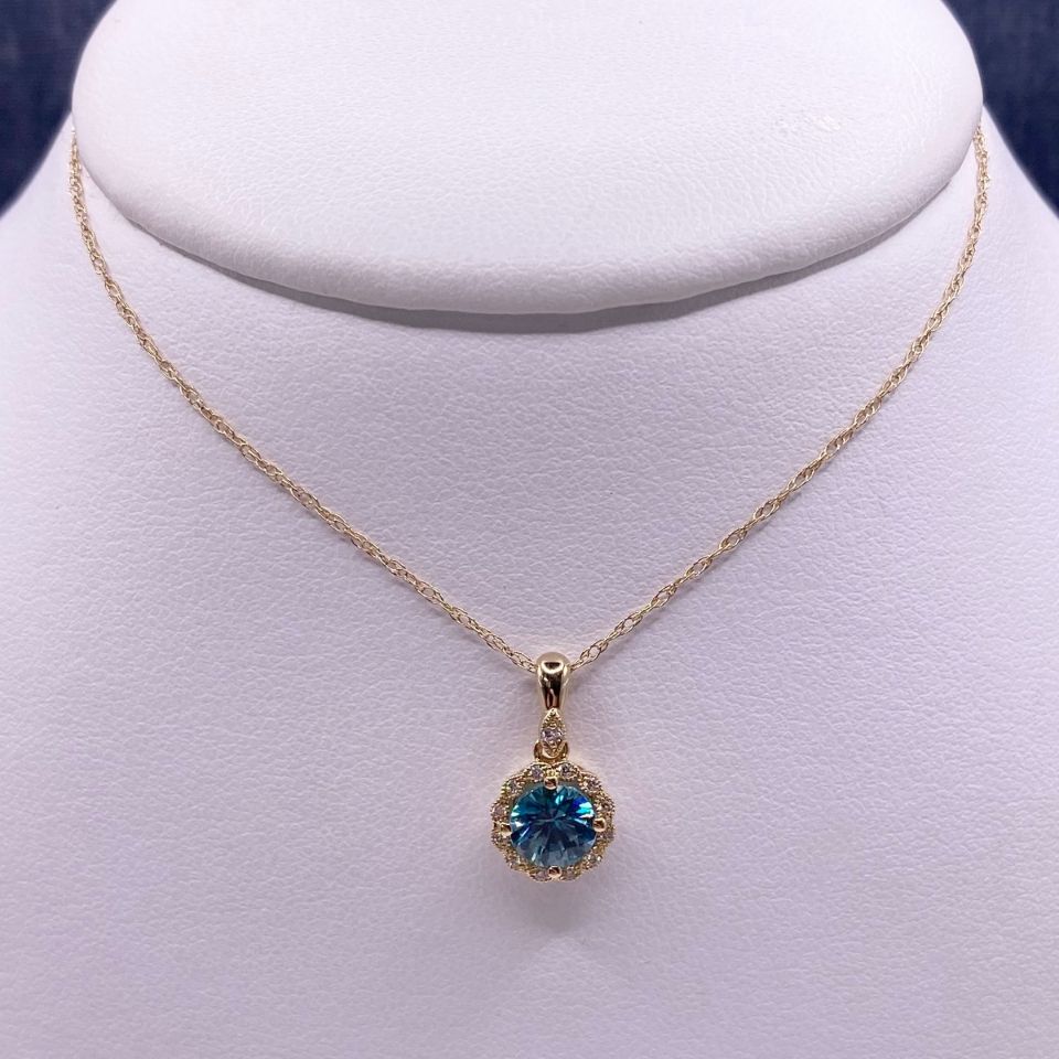 Blue Zircon and Diamond Pendant in Yellow