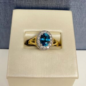 Blue Zircon and Diamond Two Tone Gold Ring
