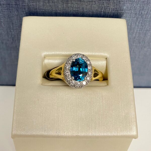 Blue Zircon and Diamond Two Tone Gold Ring