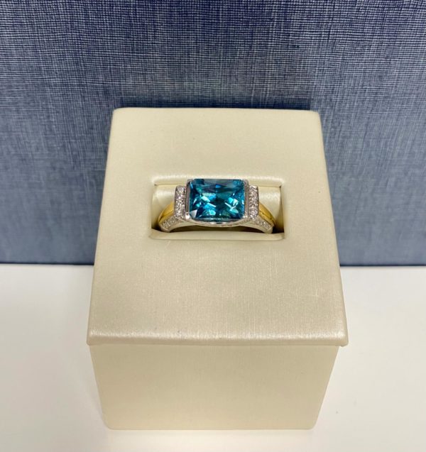 Blue Zircon and Diamond Two Tone Gold Ring