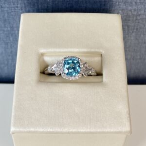 Blue Zircon and Diamond White Gold Ring