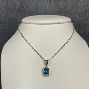 Blue Zircon and Diamond White Gold Necklace