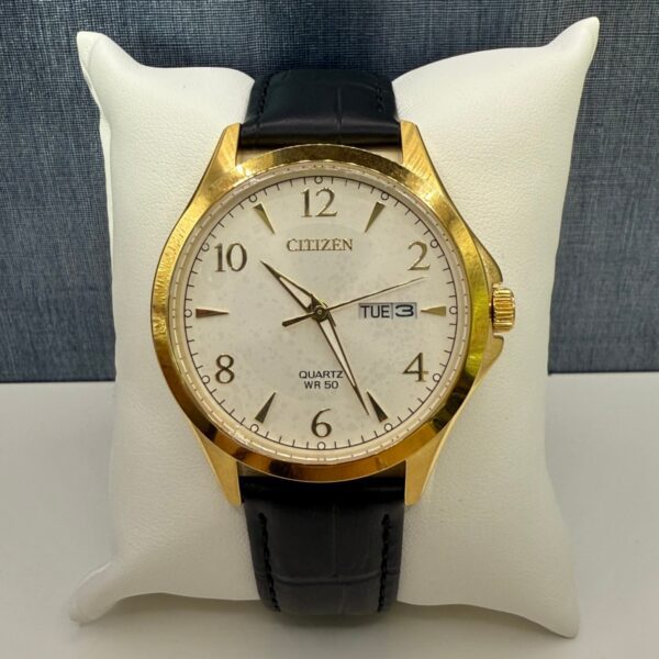 White and Yellow Citizen with Black Leather Band