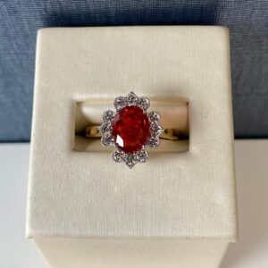 FireOpal-D03590 Fire Opal and Diamond Two Tone Ring