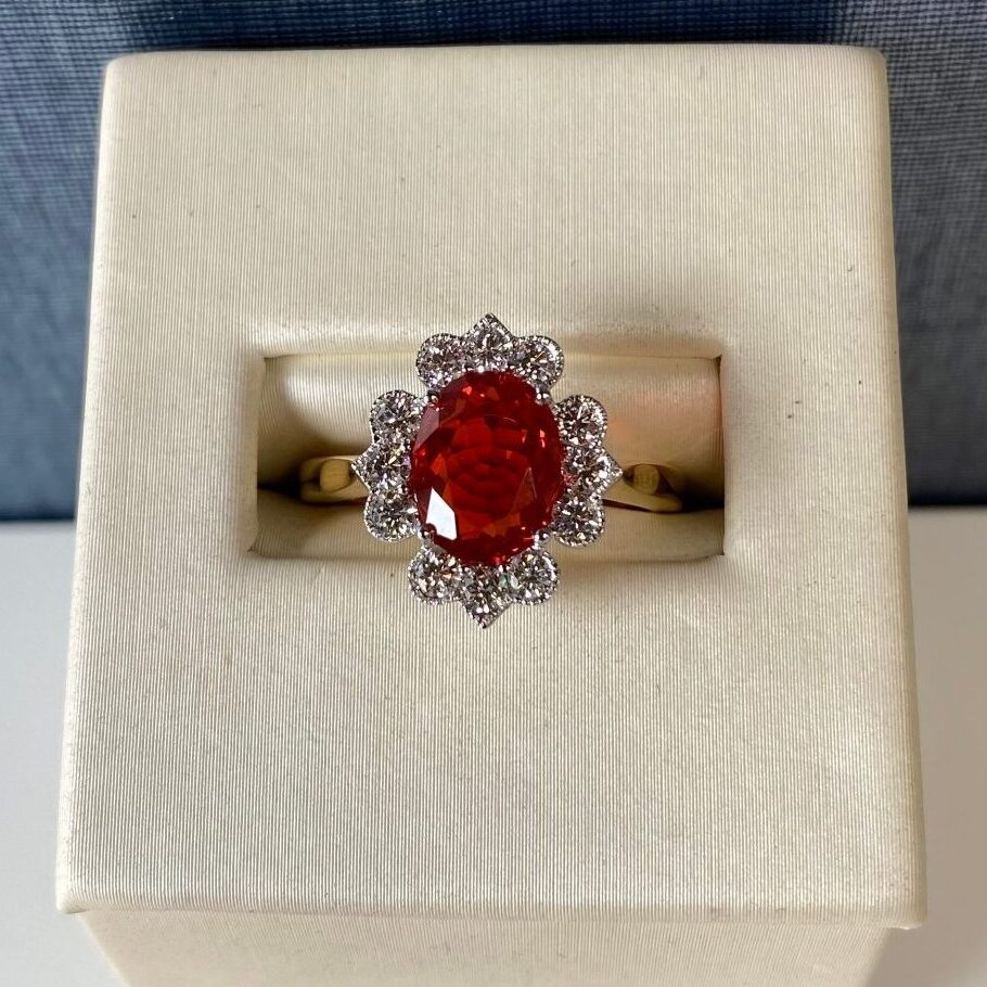 FireOpal-D03590 Fire Opal and Diamond Two Tone Ring