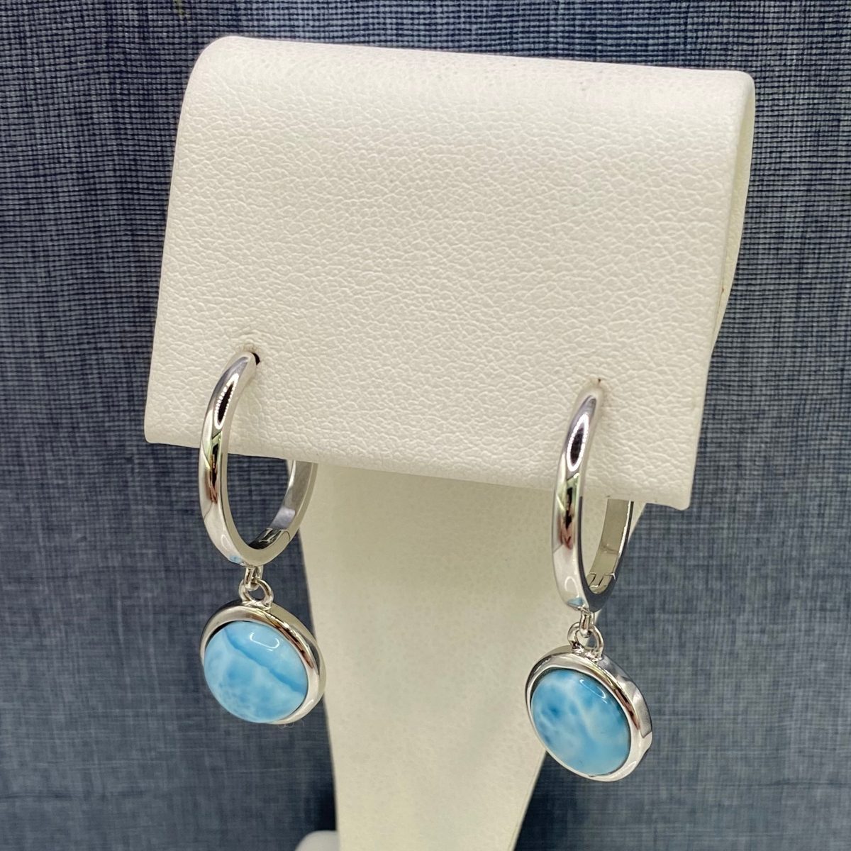 Round Larimar Dangles on Sterling Silver Huggies