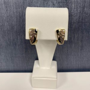 Mother of Pearl, Diamond, and Agate earrings in 14k Yellow Gold