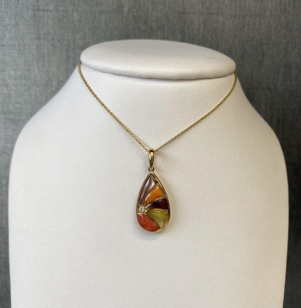 Multi Gemstone, Mother of Pearl, and Diamond Pendant in 14k Yellow Gold