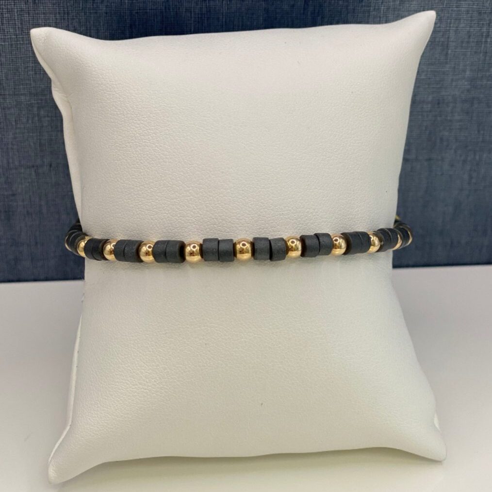 Nylon and Yellow Gold Adjustable Bracelet with Gray Beads
