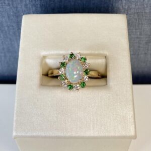 Opal with Tsavorite and Diamond Halo in 14k Yellow Gold