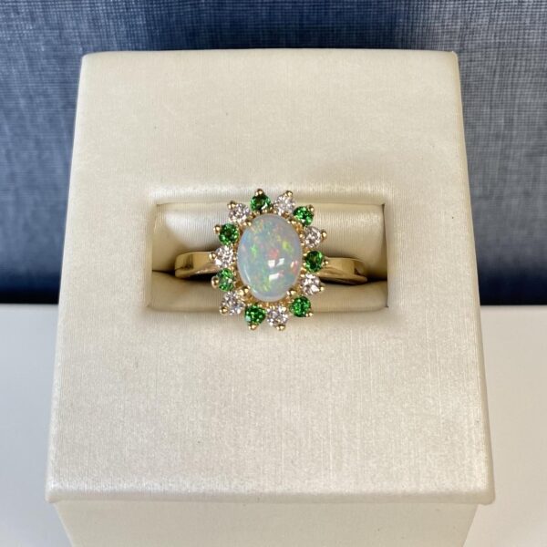 Opal with Tsavorite and Diamond Halo in 14k Yellow Gold