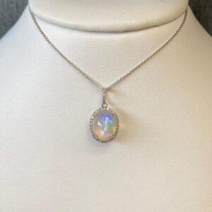 Opal Necklace with Diamond Halo in White Gold