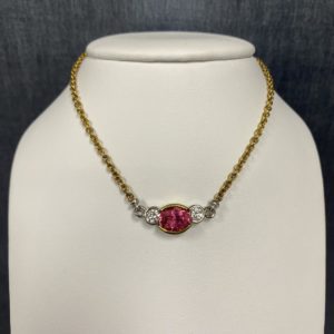 Pink Tourmaline and Diamond Gold and Patinum Necklace