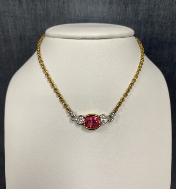Pink Tourmaline and Diamond Gold and Patinum Necklace