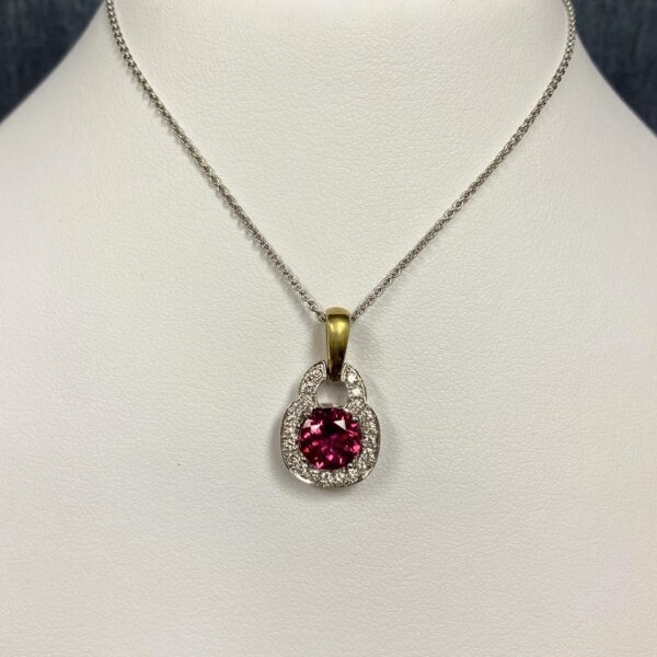 Pink Tourmaline and Diamond Yellow and White Gold Necklace