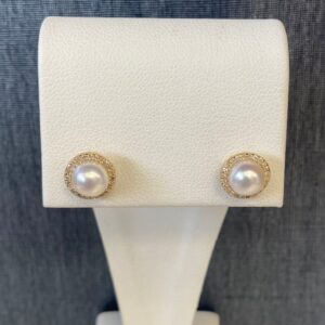Pearl Studs with Diamond Halo in Yellow Gold