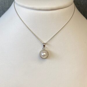 Pearl Necklace with Diamond Halo in White Gold