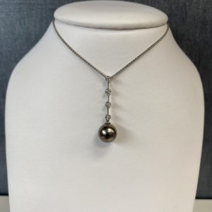Dropped Pearl and Diamond Necklace in 14k White Gold