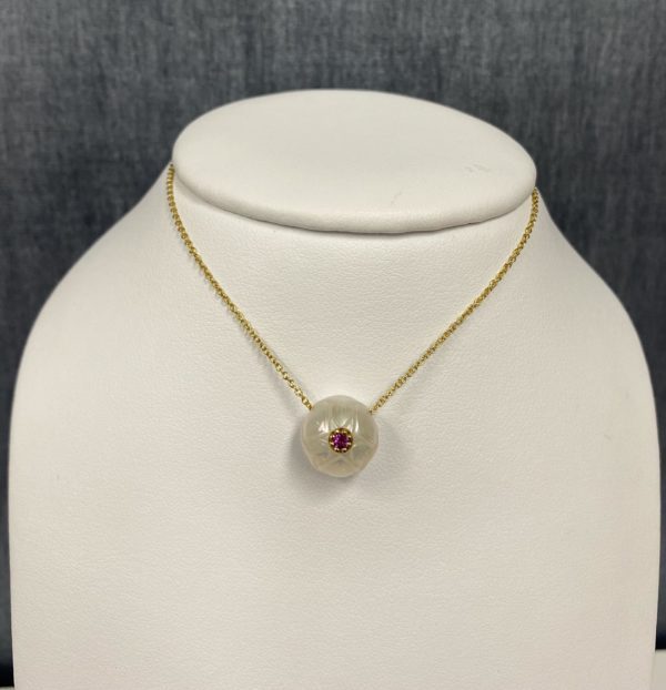 Pearl with Ruby Necklace in 14k Yellow Gold