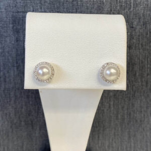 Pearl with Diamond Halo Studs in 14k White Gold