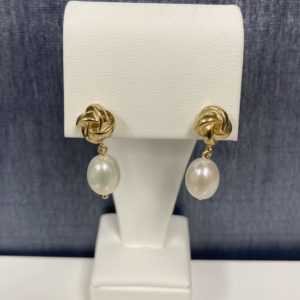 Pearl and Knotted Gold Earrings in 14k Yellow Gold