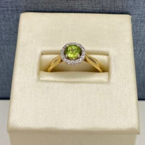 Two Tone Peridot and Diamond Ring with Halo