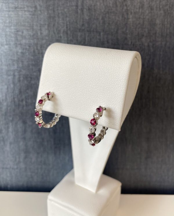 Ruby and Diamond Huggies in 14k White Gold