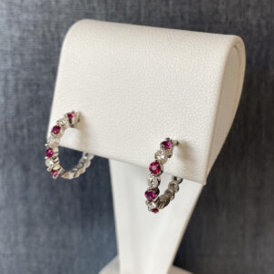 Ruby and Diamond Huggies in 14k White Gold
