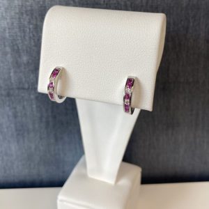 Ruby and Diamond Huggies in 14k White Gold