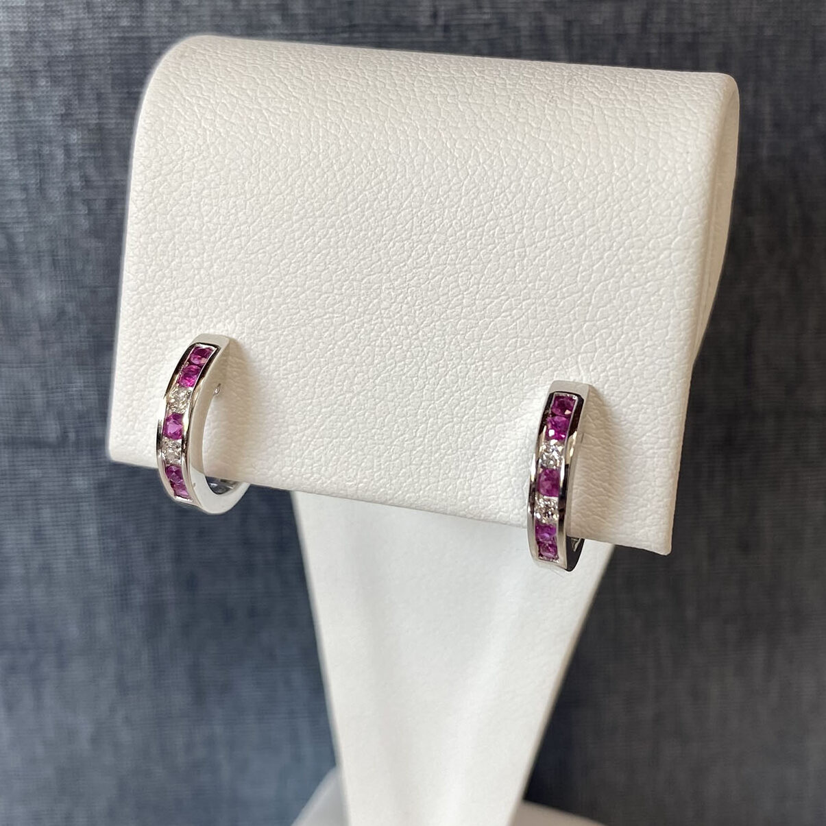 Ruby and Diamond Huggies in 14k White Gold