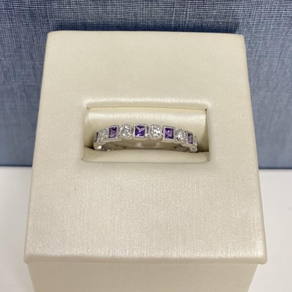 Amethyst and Diamond White Gold Stackable Ring