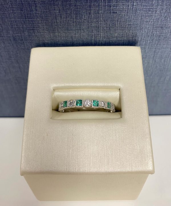 Emerald and Diamond White Gold Stackable Ring